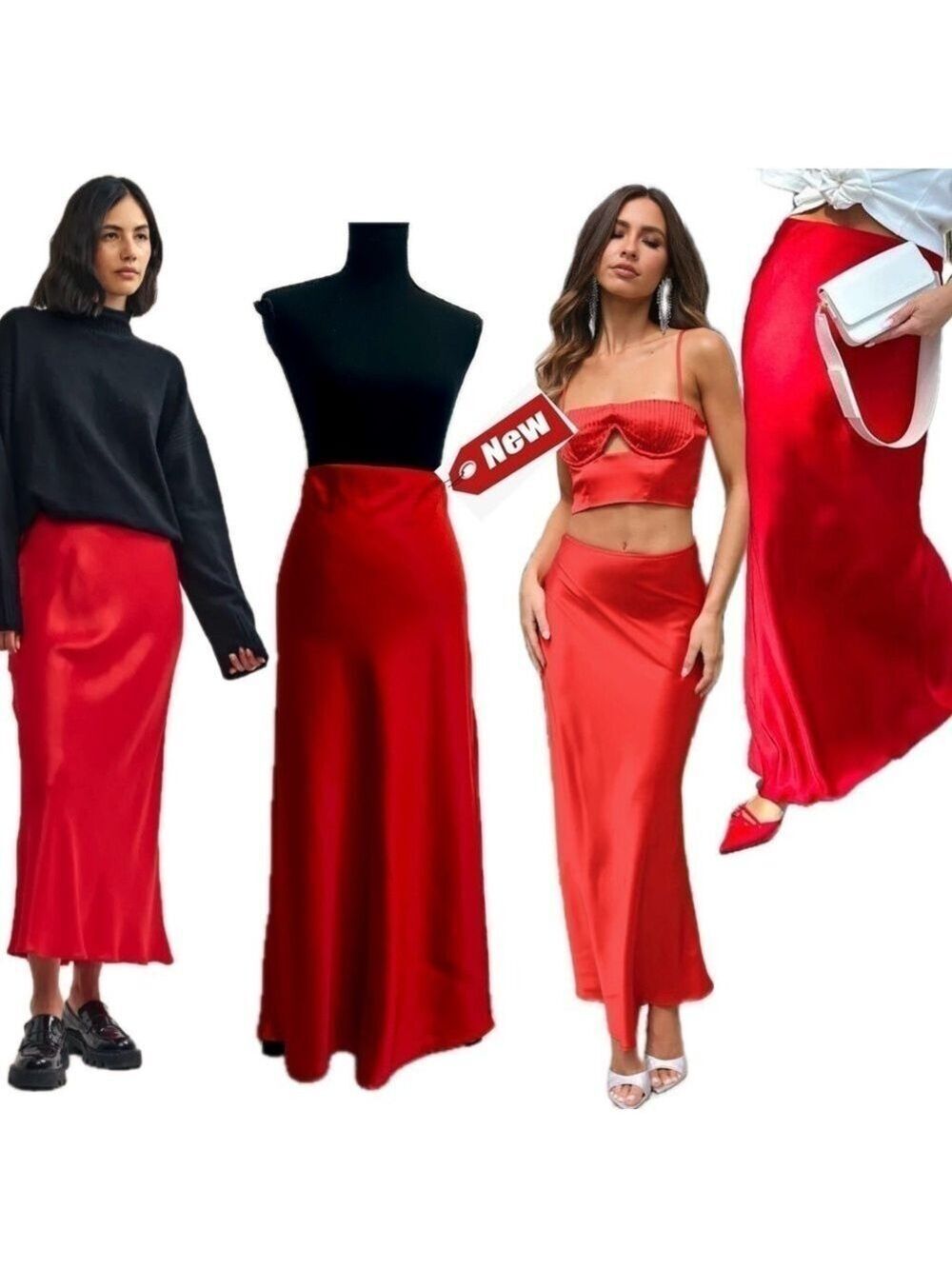 De Base red satin midi slip skirt sexy flowy pull on Sz M NWT